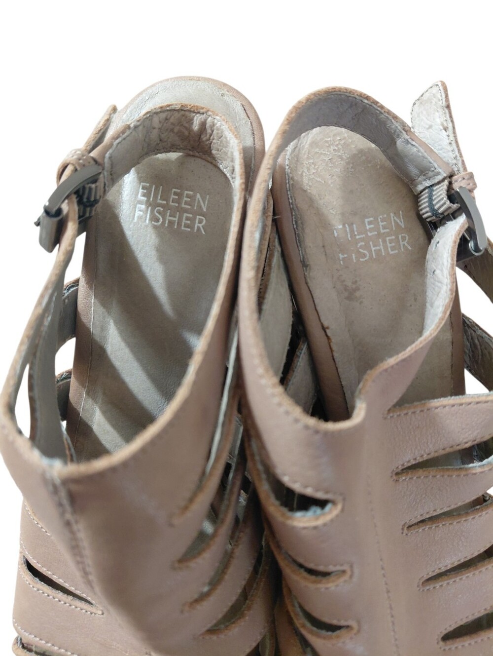 Eileen Fisher Taupe Strappy Cut Out Wood Wedge Sandals Size 8 - Picture 4 of 14